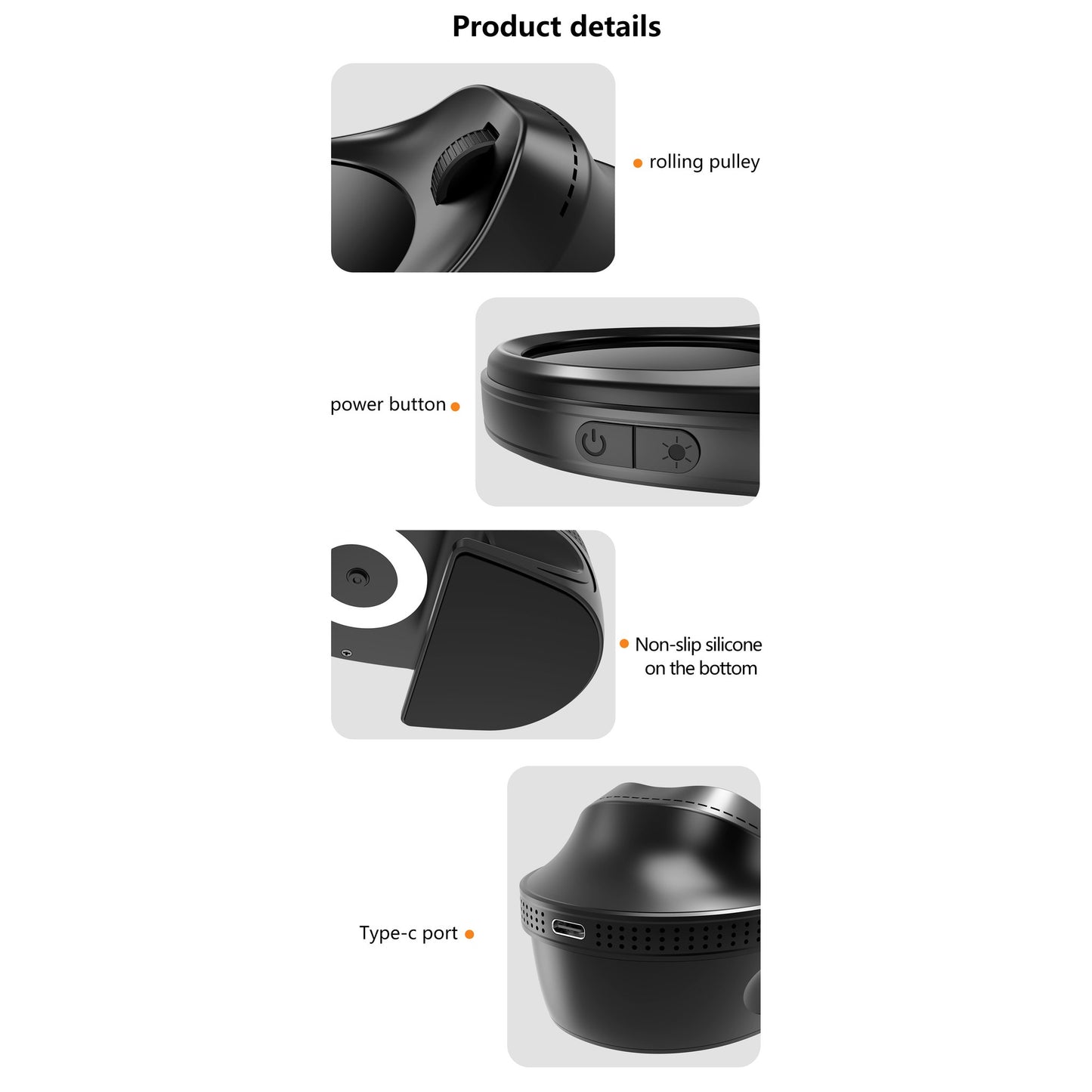 Product details: rolling pulley, power button, USB-C port