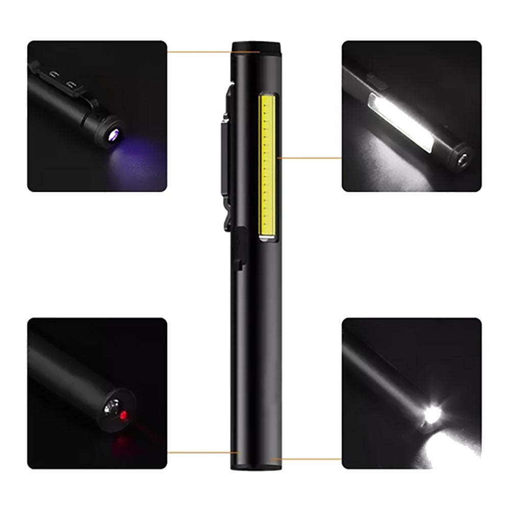 HoloScope Lumos light modes: UV, COB white bar, top flashlight, and red laser