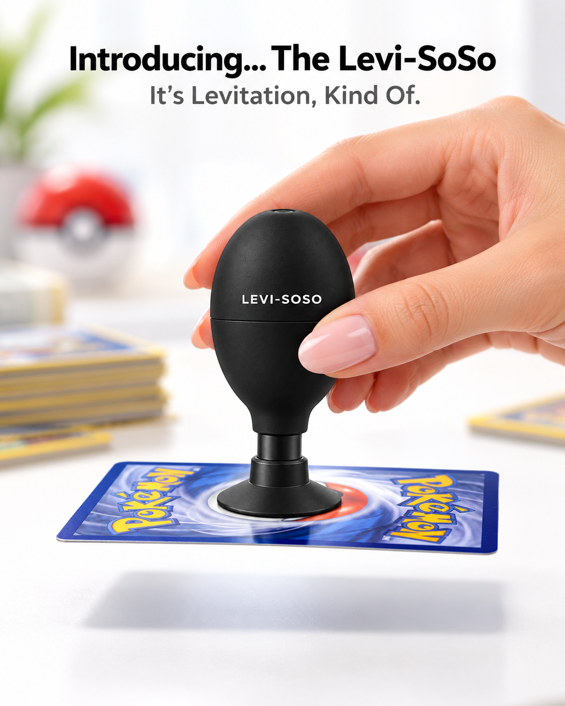 A hand holds a black Levi-Soso levitation stamp above a blue Pokémon card, with text at the top reading 'Introducing.