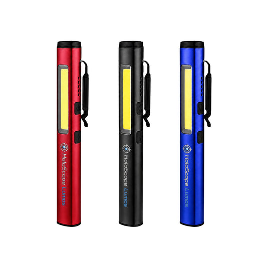 HoloScope Lumos card inspection pen light in red, black, and blue