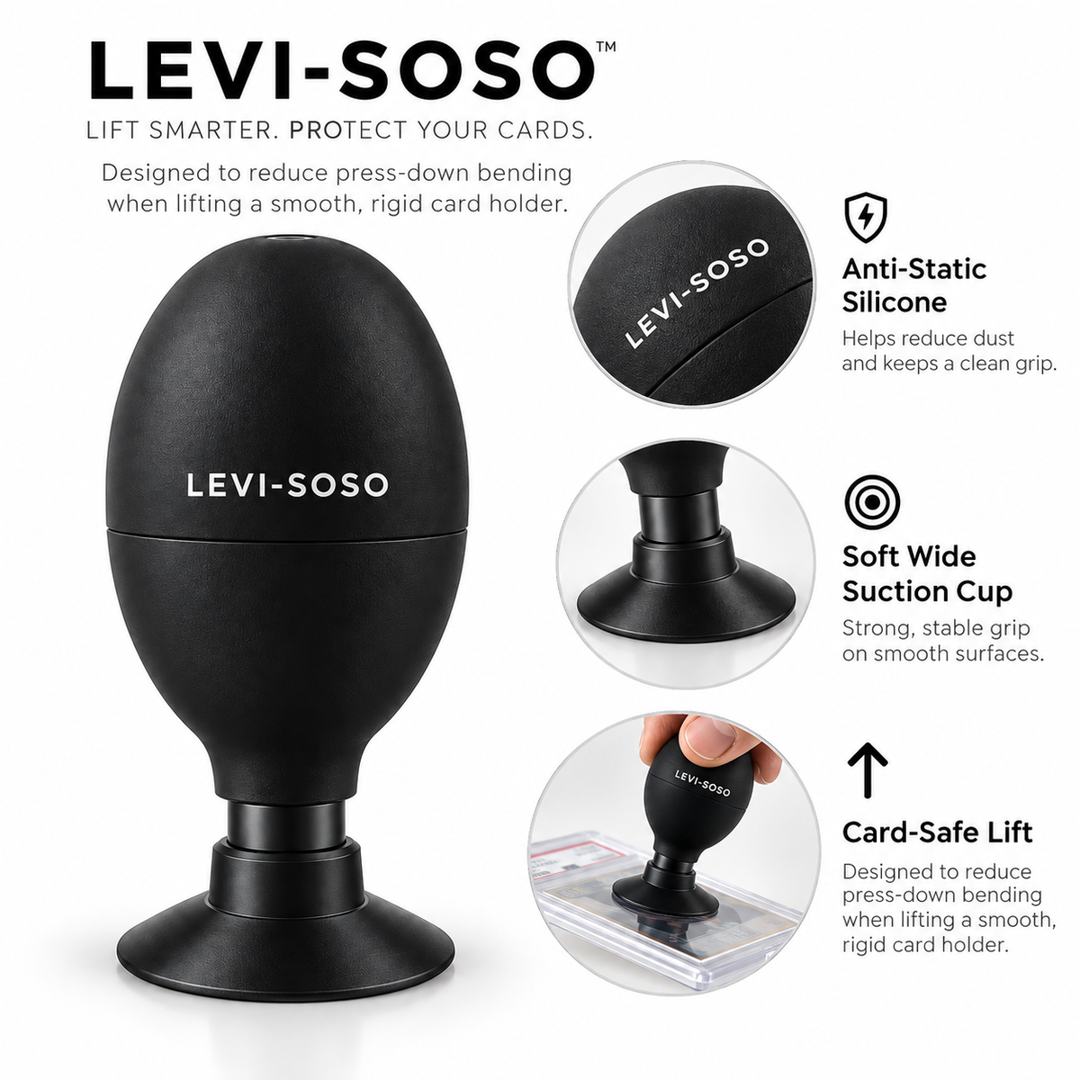 Levi-Soso black card holder suction cup shown on a white background with marketing text and three circular inset callouts highlighting anti-static silicone, soft wide suction grip, and card-safe lift features.